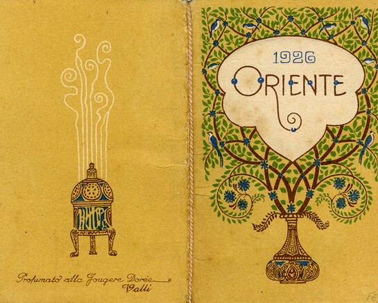 Oriente, 1926, Off. G. Ricordi & C., Milano
Pubblicità profumeria Valli, Milano
Calendarietto al profumo di 'Fougère Dorée'

