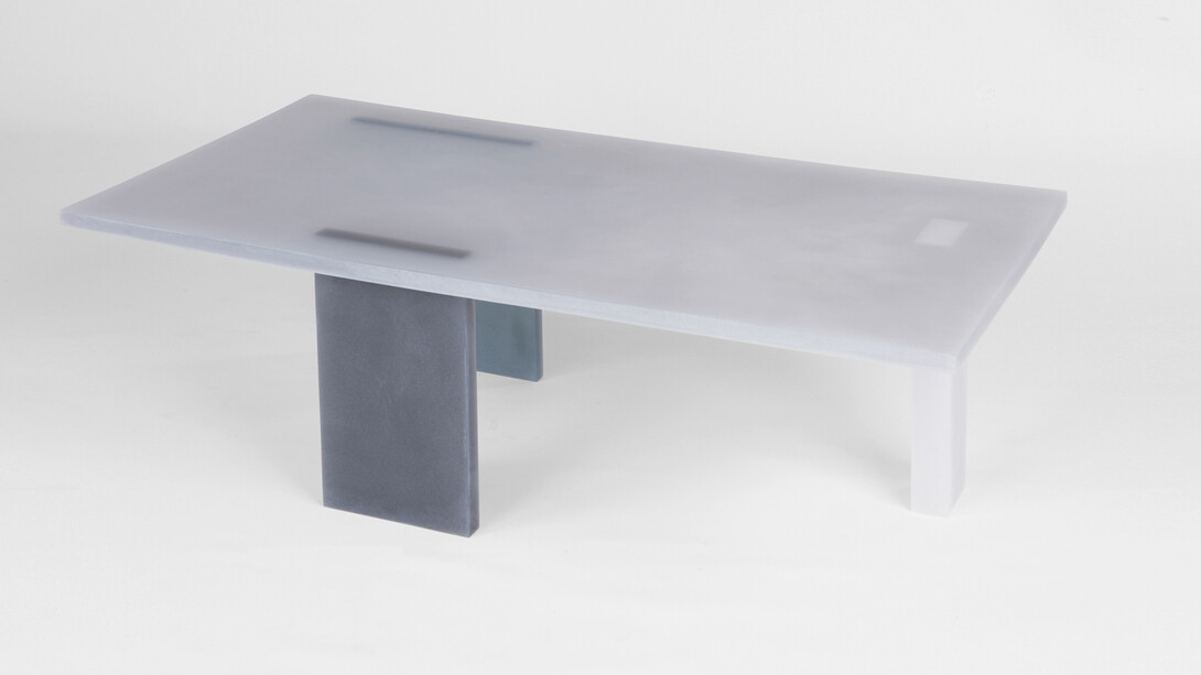 Wonmin Park, Haze Rectangular Table (White, Gray and Navy), 2013, lightly coloured resin, h41 l121.5 w69.5 cm / h16.1 l47.8 w27.4 in, limited edition of 8 + 4 ap © Alix de Rozières | Courtesy Carpenters Workshop Gallery
