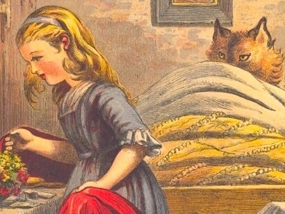 Caperucita a punto de ser engullida por el lobo feroz