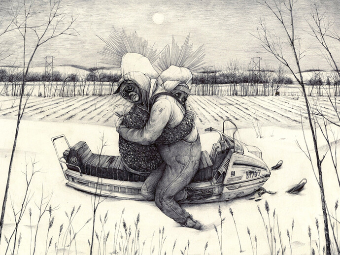 Pat Perry, Snowmobile, 2014 ink on paper. Courtesy of Dorothy Circus Gallery 