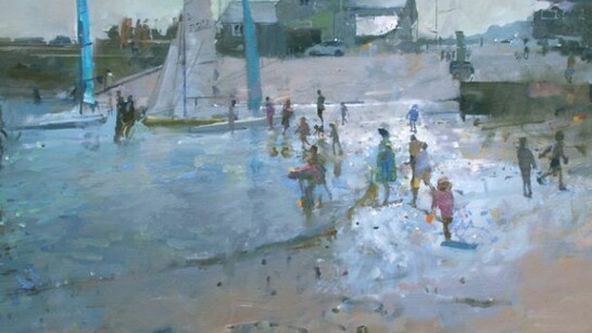 Richard Pikesley, Dinghies coming in, oil on canvas, Lyme Regis, 61 x 102 cm