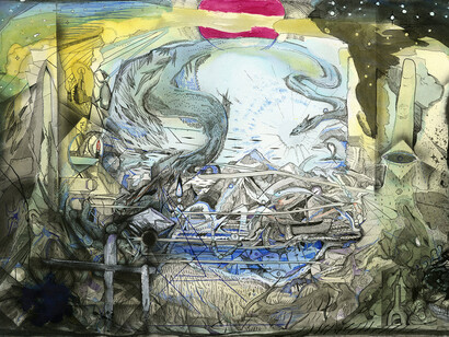 Max Razdow, The Cartographers, 2013, Pen and ink on paper, 15 x 22 inches