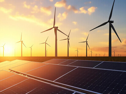 At the close of day, the setting sun transforms the sky into a canvas of hues, fueling the seamless collaboration between wind and solar energy sources
