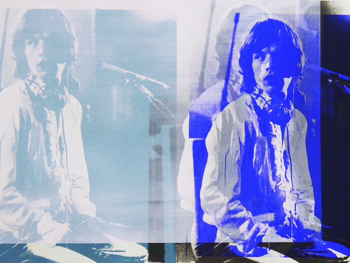 Kate Gibb, Electric Mick (1) detail, Teal, Ink, Blue, Black - 3 Colour Screenprint on Somerset Satin Paper, 152.4
x 103 cm