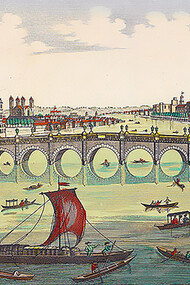 Vue du Pont de Westminster du Côte du Nord de Londres“ (London, Westminster Bridge); Copperplate print, colorized, printed by B. F. Leizelt, Augsburg, 2nd half of 18th century