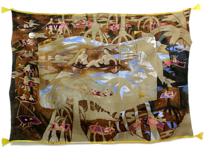 Marlene Steyn, The magic carpenters (on top of the world), 2014, Ink, acrylic and mixed media on unstretched linen and wall, 154 x 209 cm