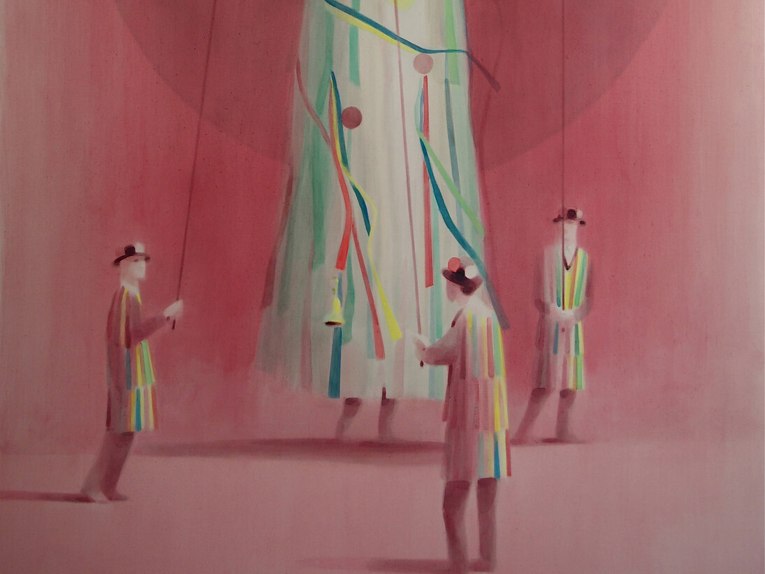 Adam Dix, Puppet (detail), 2015, Fluorescent pigment, ink and oil on canvas, 67 x 51 in / 170 x 130 cm, courtesy of Eleven, London 
