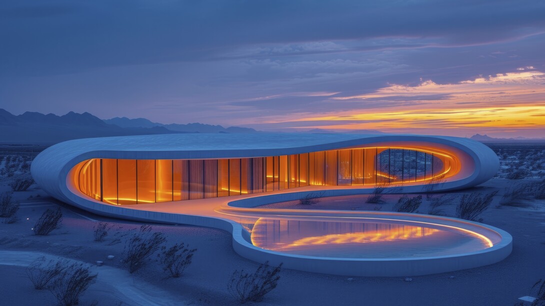 A futuristic building that seamlessly blends into a desert terrain, symbolizing a vision of coexistence between design and the environment