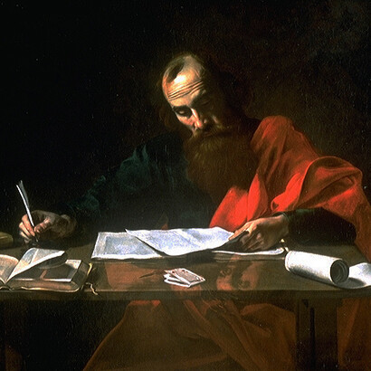 Valentin de Boulogne, „Sankt Paulus schreibt seine Episteln“ (ca. 1618), Öl auf Leinwand (99X133 cm), Museum of Fine Arts, Houston. Der Evangelist Lukas spielte eine wesentliche Rolle als Zeuge des Briefverkehrs zwischen Paulus und den von ihm gegründeten Gemeinden