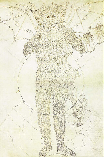 Sandro Botticelli, (Alessandro di Mariano Filipepi), Illustration pour *La Divine Comédie de Dante : L’Enfer, Chant XXXIV*, vers 1480-1500, détail. Pointe d’argent, plume et encre sur parchemin, 63,5 x 46,8 cm. Kupferstichkabinett, Staatliche Museen zu Berlin, Berlin.