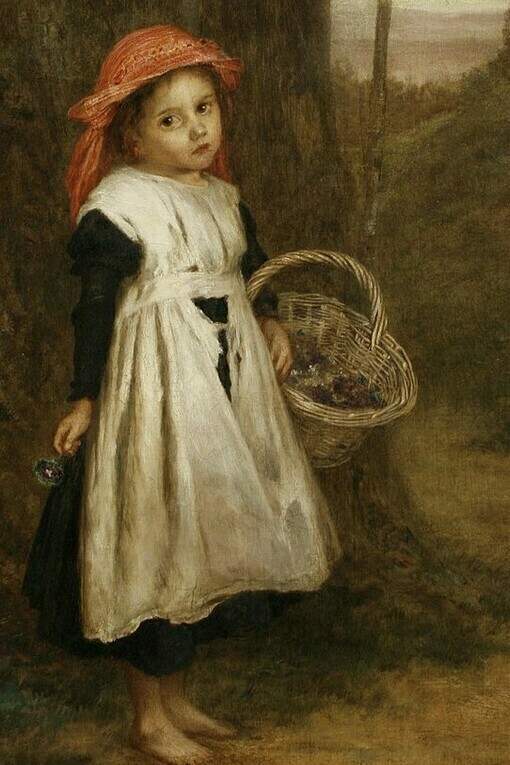 "A Little Violet Seller", oil on canvas, Augustus Edwin Mulready, 1877