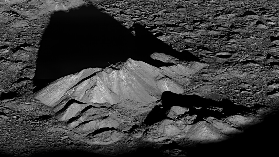 The central peak of the Moon's Tycho crater, reaching 2 kilometres above the crater floor, captured by the Lunar Reconnaissance Orbiter