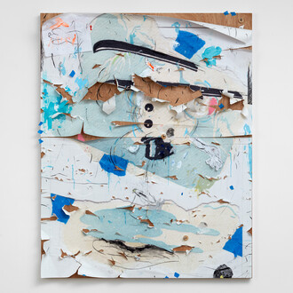 Oedipal Snowman Problem, 2019-20
acrylic, charcoal, copy paper, push pins,
PVA, painter's tape, wooden discs, post-it,
collage, permanent marker and archival
pigment prints on panel
152.7 x 123.2 cm
60 1/8 x 48 1/2 ins