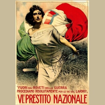 Più che un’obbligazione tradizionale, l’irredimibile rappresenta una rendita perpetua fondata sulla solidità economica e politica della comunità nazionale. Mario Borgoni, Prestito nazionale Fuori dai Roveti della Guerra, 1918. 140 x 100 cm. Richter & Co., Napoli, Italia