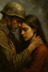 Love and war intertwined — a soldier’s embrace amidst the ruins of battle