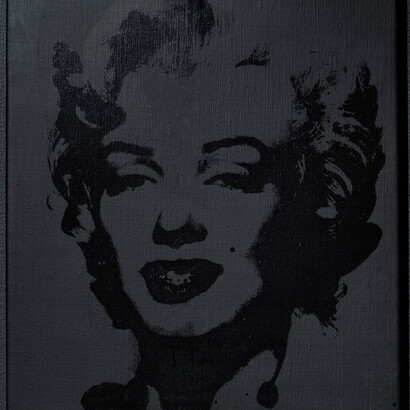 Sturtevant. Warhol Black Marilyn. 2004. Synthetic polymer silkscreen and acrylic on canvas. 15 15/16 x 13 7/8 in. (40.5 x 35.2 cm). Ringier Collection, Switzerland. Courtesy Anthony Reynolds Gallery, London. © Estate Sturtevant, Paris