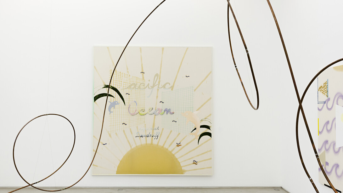 Florian Meisenberg, From the series: 7 seas against dandruff (Pacific Ocean), 2014, oil, oilpaint, airbrush and crayons on canvas, Edition: N/A, 300 x 280 x 4 cm. Installation view. Courtesy of Mendes Wood DM, São Paulo