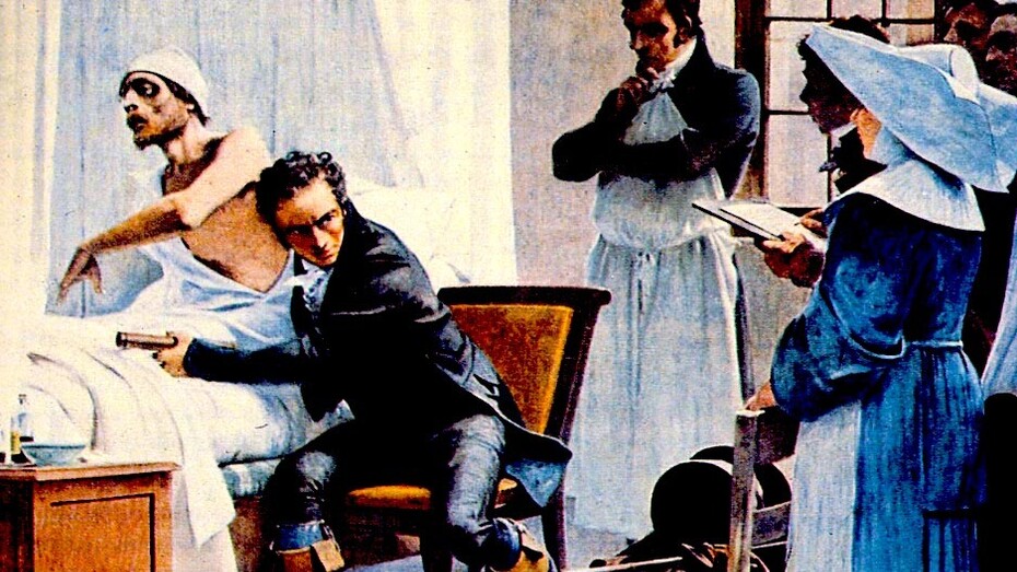 René Laennec ausculta a un paciente ante sus alumnos, cuadro de Théobald Chartran