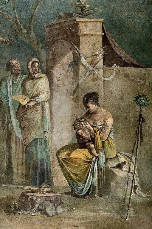 Affresco da Villa Farnesina (Roma, Italia), raffigurante una ninfa che si prende cura del piccolo Dioniso