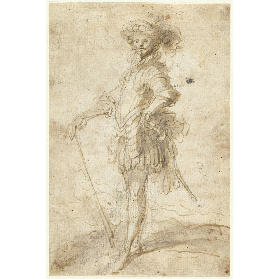 Nobleman in a Landscape, Francisco de Herrera el Mozo, Pen and wash, brown wash, brown ink over black pencil, 198 x 132 mm, Before 1660, Hamburg, Hamburger Kunsthalle, Kupferstichkabinett © Hamburger Kunsthalle / bpk, Foto: Christoph Irrgang
