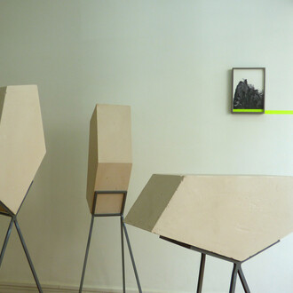 Amy Stephens, Ilmenite City, 2015, Powder coated stainless steel, plaster, Dimensions variable (max height 148 cm, max width 80 cm) & Ryfylke, 2015, Giclée print, RTA aluminium frame, tape