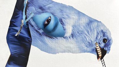 Bluebird: Spring Cleaning”, Cydney M. Lewis, hand cut paper & marker on sketchbook page, 10x8 in 15.5 x 12 frame