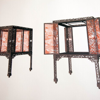 Italo Rota, Legno di rovere affumicato, Seta ricamata, Madreperla e corallo, 110 x 110 x 175 cm, 2017