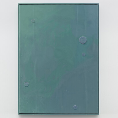 Paul Sietsema, Blue painting, 2014, Enamel on linen in artist's frame, 48 x 35 inches. ©Paul Sietsema, Courtesy Matthew Marks Gallery