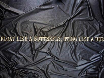 Frase di Mohammad Ali, ricamo in lurex su raso,  courtesy l’artista