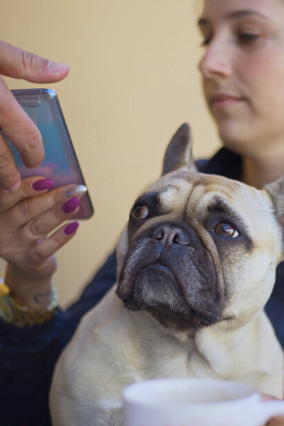 Dona de um cachorrinho sente o desconforto de não estar atenta ao momento presente por precisar pagar conta do café com o celular