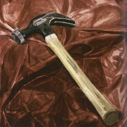 Margaret Harrison, Beautiful Ugly Violence (Hammer), 2003, oil on canvas, 26 x 26 inches. Courtesy of Ronald Feldman Fine Arts, New York