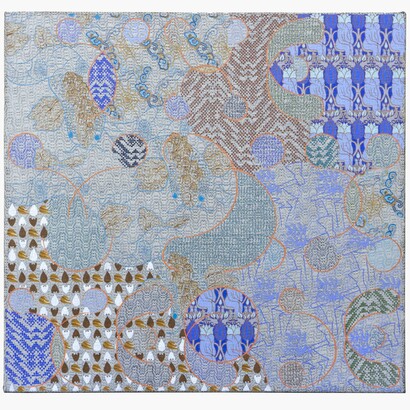 Barrow Parke,
The Universe, 2023,
Acrylic and embroidery on hand-loomed linen,
33 3/8 x 35 3/8 inches.
Courtesy of the artists and JDJ, New York and Garrison