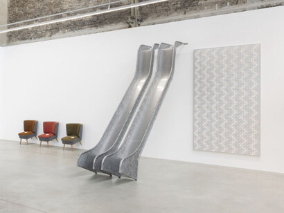 John Armleder, Furniture sculptures, exhibition view. Courtesy of Galerie Mehdi Chouakri