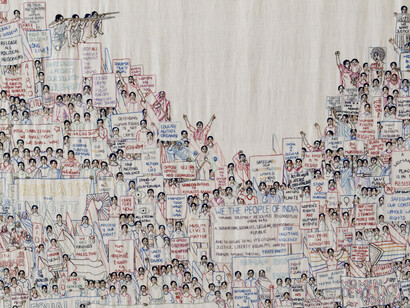 Varunika Saraf, Detail of the longest revolution II embroidery, 2024. Courtesy of Soas Gallery