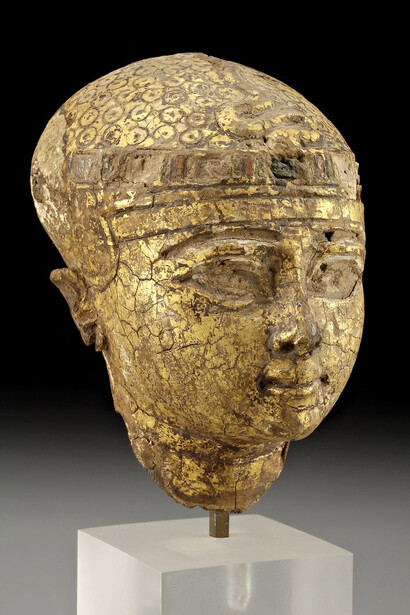 Egyptian
Head of a Pharaoh
Third Intermediate period, 21st–22nd Dynasties, ca. 1070–712 BC
Wood covered with gesso, gilding, and glass inlays
H. 3 3/4 in. (9.5 cm)
Sidney and Lois Eskenazi Museum of Art, Jane and Roger Wolcott Memorial