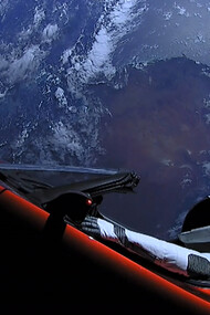 An astronaut riding a Tesla Roadster in space, the Earth serving as background