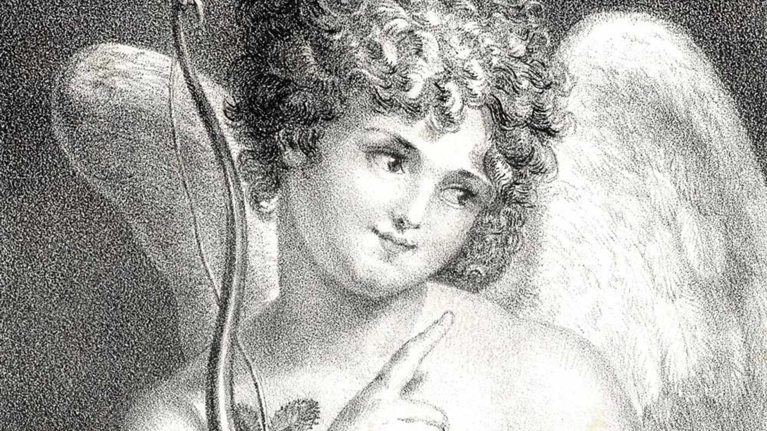 Dettaglio Cupido che simboleggia l'Amore/Amor con in mano il suo arco e una rosa e che alza un dito come se fosse un avvertimento. Litografia