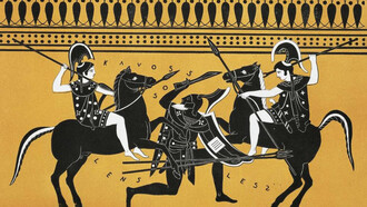 Dos amazonas a caballo, imagen de un jarrón griego