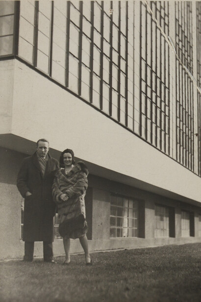 Knud Lonberg-Holm. Knud & his wife Ethel outside of Bauhaus, 1931, Vintage gelatin silver print, 4 3/8 x 3 3/8 inches (11.1 x 8.6 cm), Dated & inscribed on verso