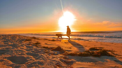 A man walks his dog along the beach as the sun sets over the horizon