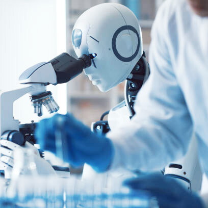 A woman and an android robot working together in a science laboratory
