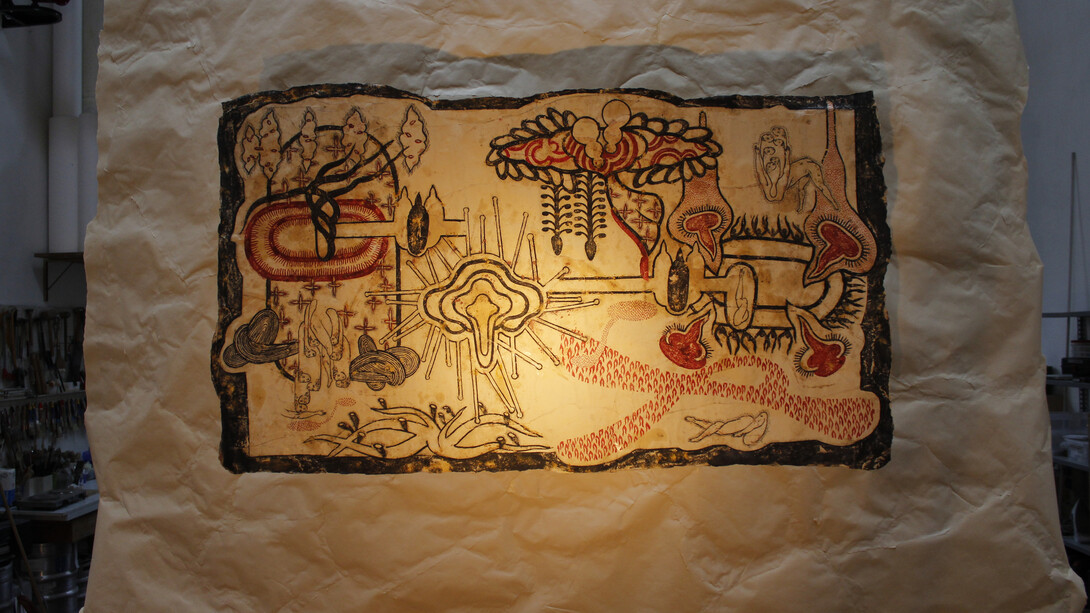 Simone Pellegrini, Grave radiante, tecnica mista su carta da spolvero, 96x175 cm, 2018