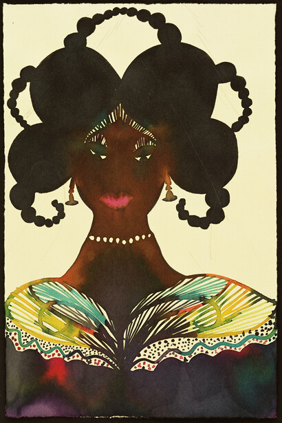 Chris Ofili, “Untitled (Afromuse),” 1995–2005. Watercolor and pencil on paper, 9 3/5 x 6 1/5 in (24.3 x 15.7 cm). Courtesy the artist and David Zwirner, New York/London. ©Chris Ofili