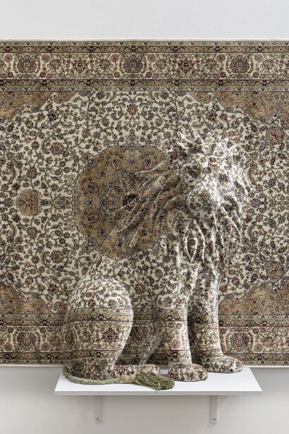 Debbie Lawson, White Lion (detail), 2023, Carpet and mixed media, 47 x 34 x 19 in. Courtesy of the artist and Sargent's Daughters Gallery