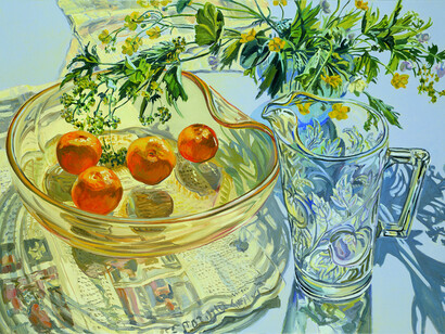 Janet Fish. Yellow Glass Bowl with Tangerines, 2007. Oil on canvas, 36 x 50 inches