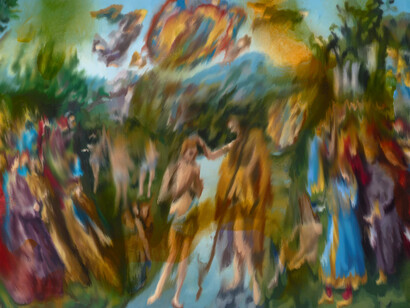 Jorge R. Pombo, Variazione del ‘Battesimo di Cristo’ di Perugino, 2024. Courtesy of Fabbrica del Vapore