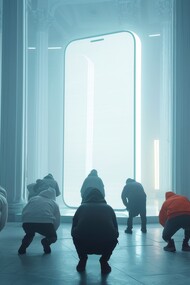 People kneeling in front of a glowing smartphone, symbolising the loss of independent thought in the age of artificial intelligence