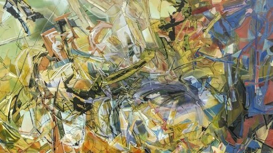 Iva Gueorguieva, Gathered Hiss, 2013, Acrylic, collage, and oil on canvas, 72 x 120 inches, 182.9 x 304.8 cm, Signed and dated on verso: "Iva Gueorguieva 2013"