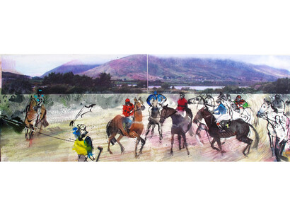 John Short, Horse race I, Caherciveen, County Kerry, ink, watercolour and photo transfers, 83 x 31 cm