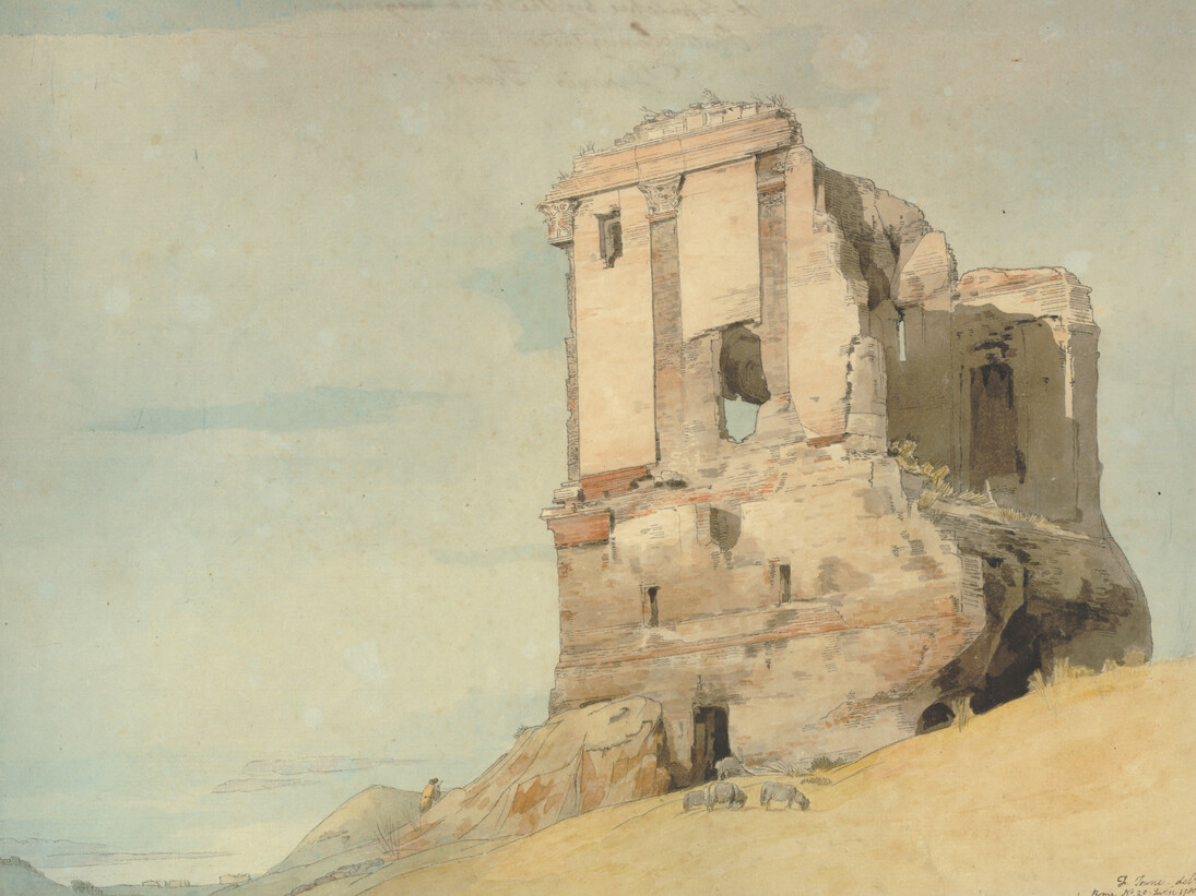 Francis Towne (1739-1816), A Sepulchre by the road between Rome and the Ponte Nomentana, 1780, Watercolour with pen and ink, 327 x 378 mm © The Trustees of the British Museum